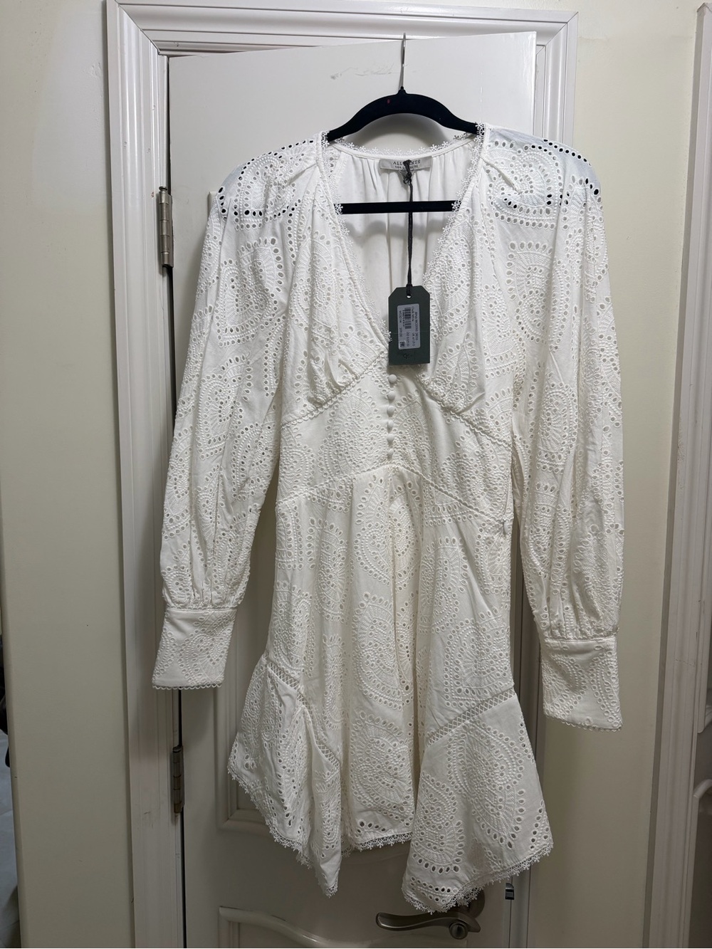 NWT All Saints Irina White Eyelet Long-Sleeve Mini Dress 0